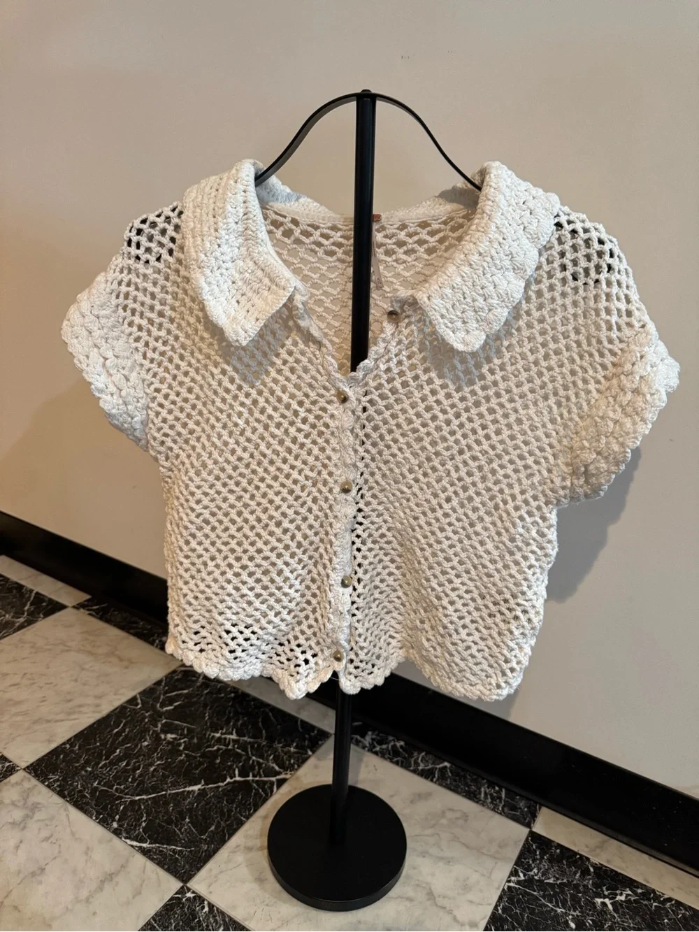 Free People Lily Crochet Top XL Coconut Milk Cotton Open Knit Boho Coastal